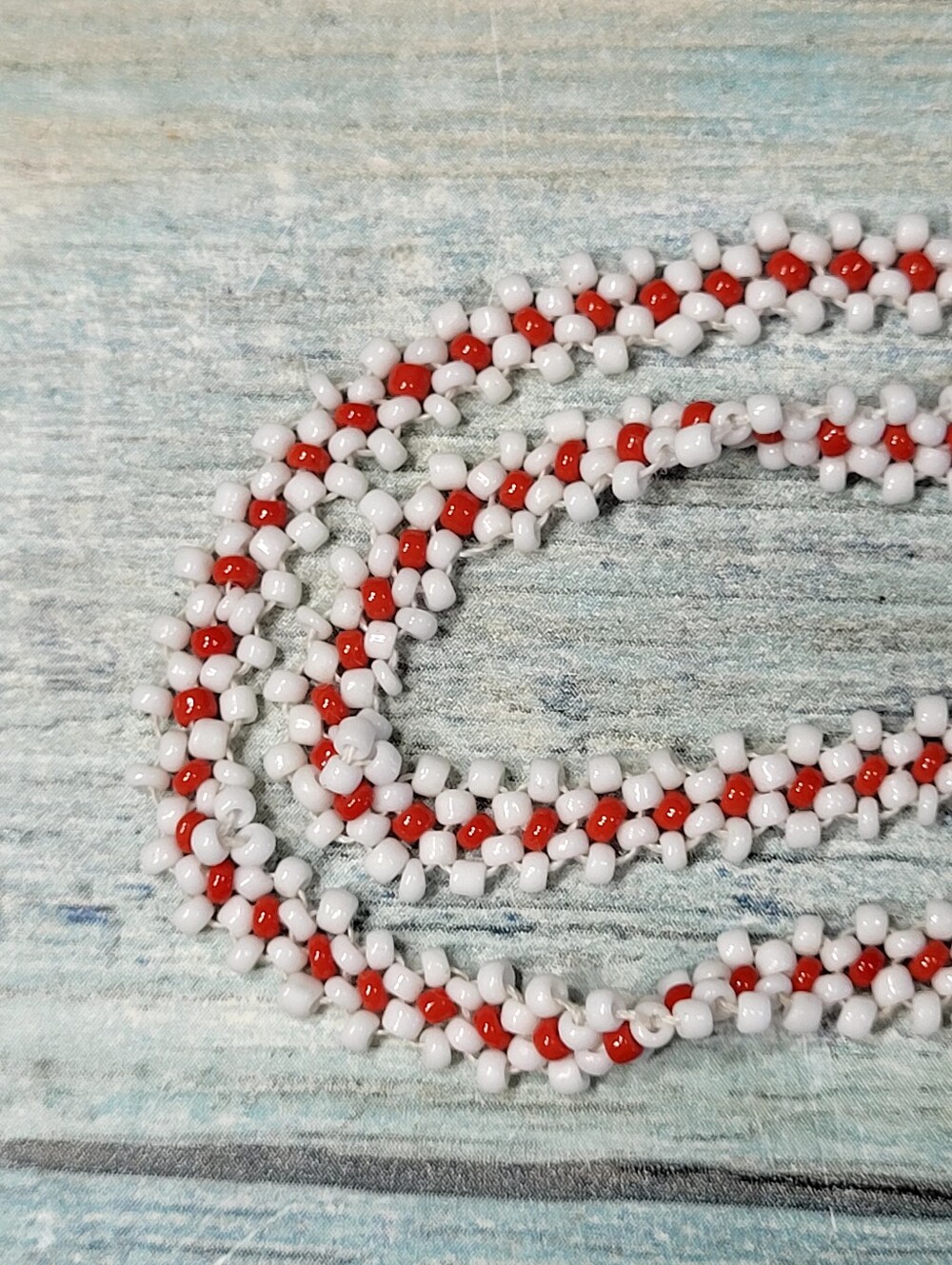 White, Red & Blue Seed Beaded Fringe Necklace - Picture 3 of 8